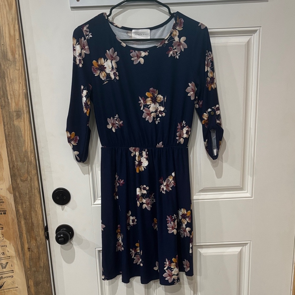 French Grey Navy Floral Long Sleeve Dress